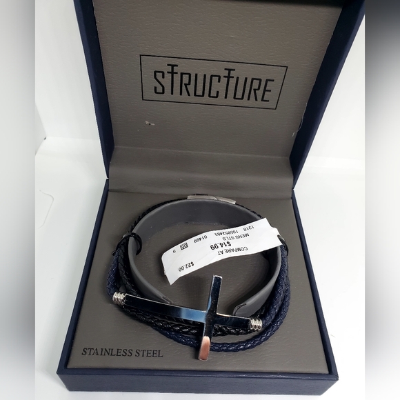 Structure Men's NWT Black Braided Bracelet w/ Stainless Cross - Picture 1 of 3